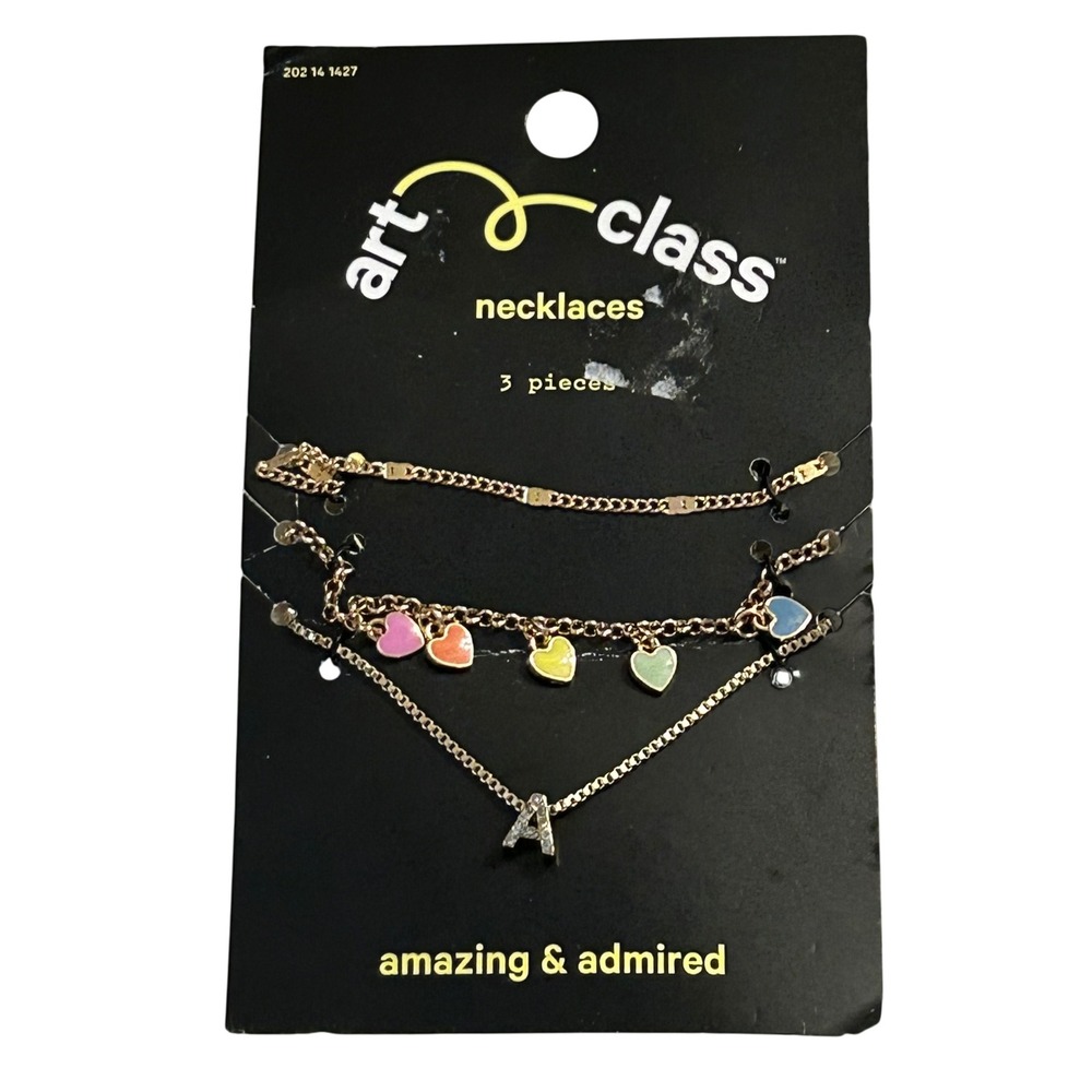 Art Class 3 Piece Necklace Set‎ Gold Tone Initial A Charm Rainbow Hearts Layered
